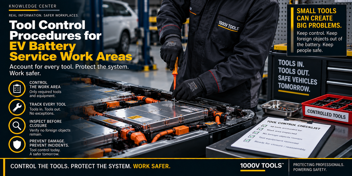 EV technician servicing an open high-voltage battery with controlled tools, organized hardware, and a tool accountability checklist for safe battery service.