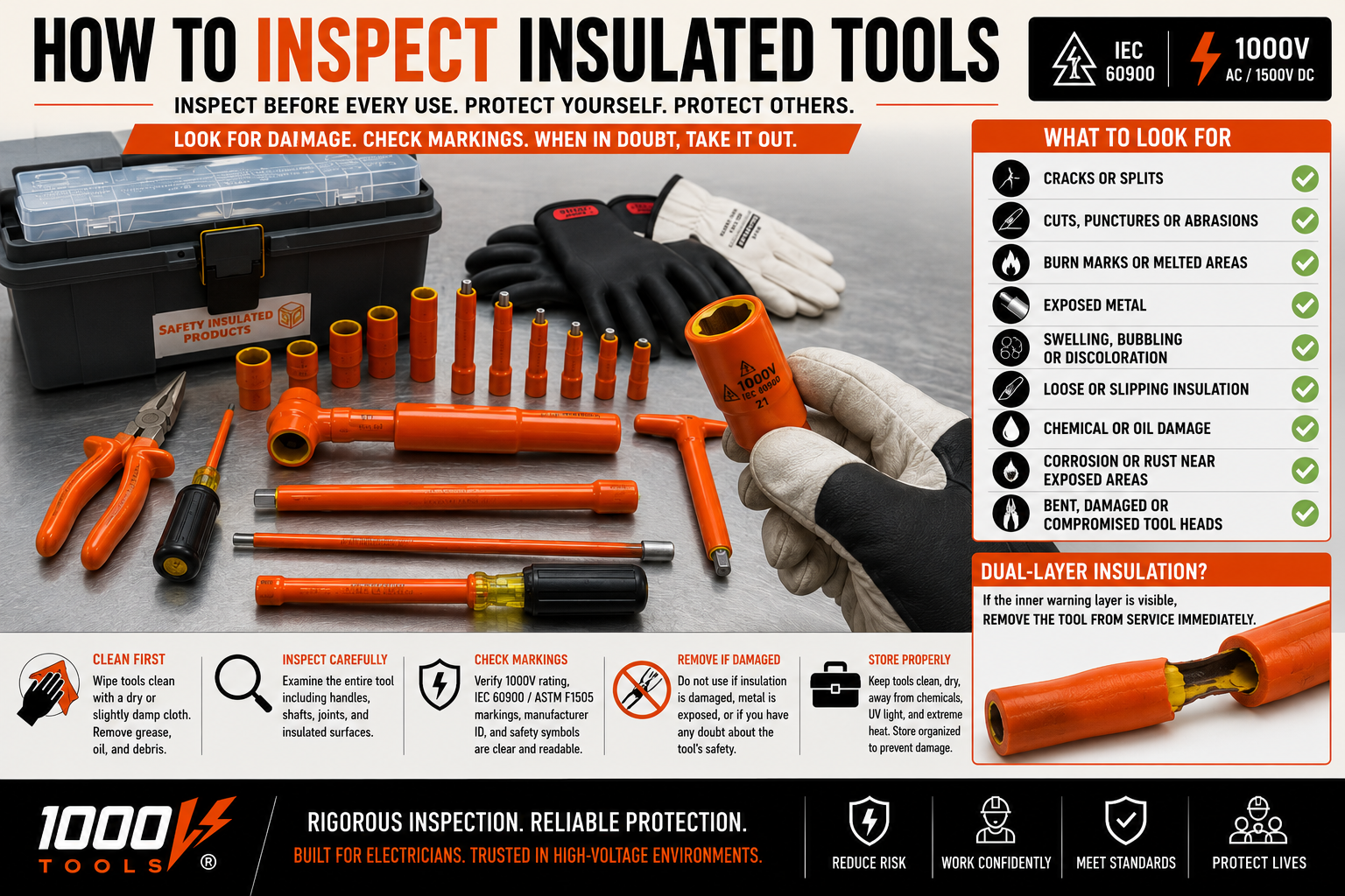 Technician visually inspecting a certified 1000V insulated hand tool for cracks, insulation damage, exposed metal, and certification markings before electrical work.
