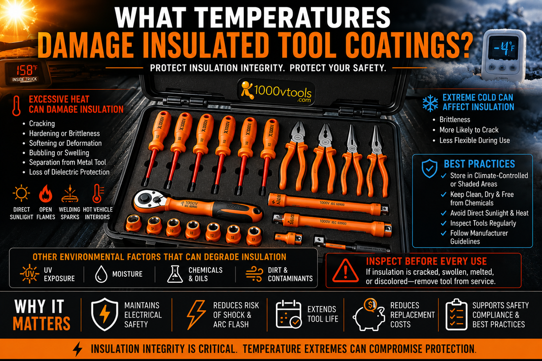 Orange IEC 60900 insulated hand tools stored in a shaded toolbox with visual examples of heat, sunlight, and cold weather exposure affecting insulation