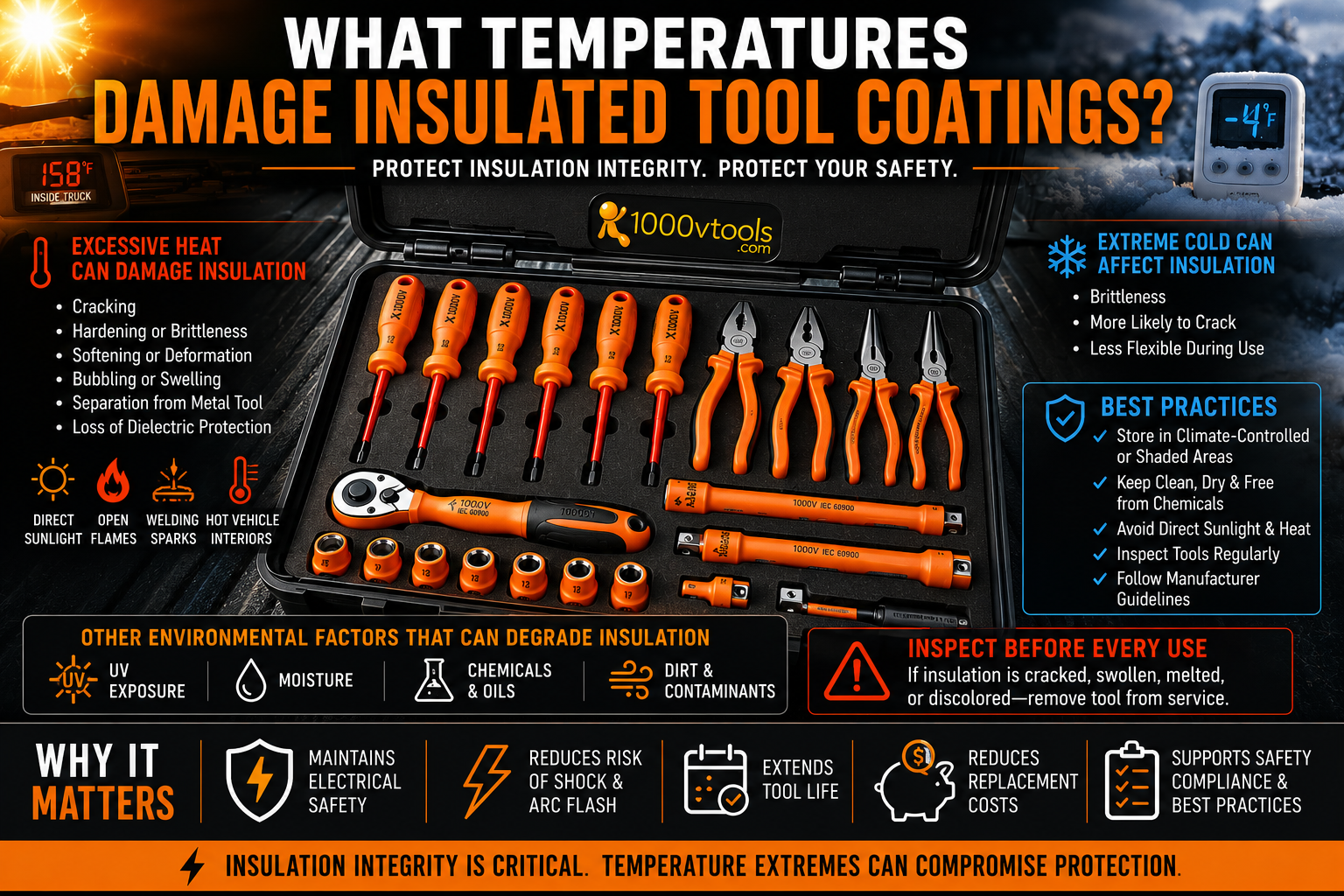 Orange IEC 60900 insulated hand tools stored in a shaded toolbox with visual examples of heat, sunlight, and cold weather exposure affecting insulation