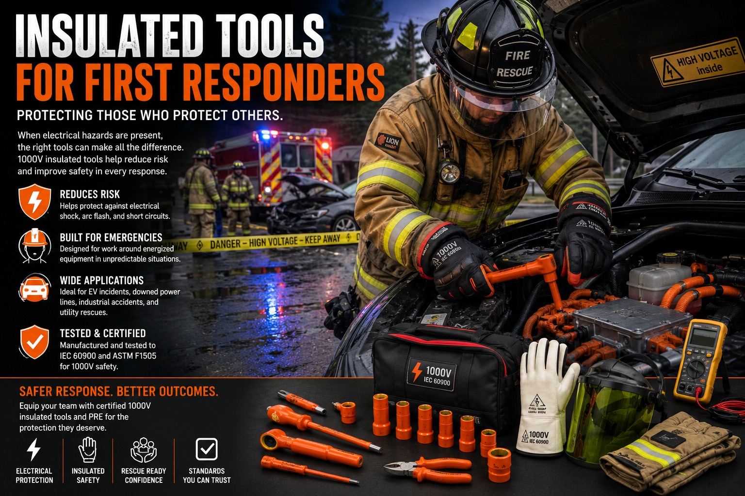 Firefighter using certified 1000V insulated hand tools during an emergency response involving a damaged electric vehicle and energized electrical equipment.