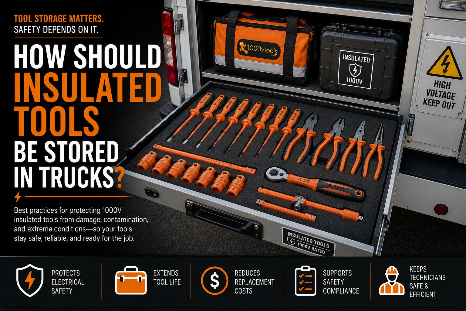Well-organized service truck drawer with orange IEC 60900 insulated hand tools stored in foam inserts and protective compartments