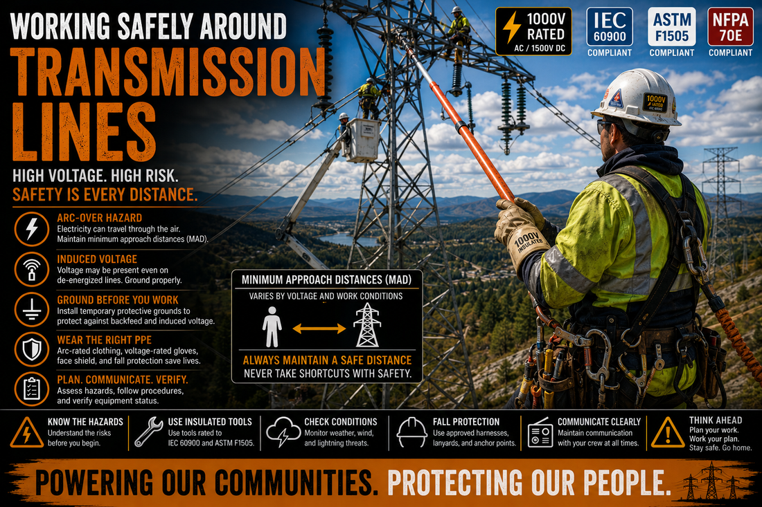 Utility lineworkers performing maintenance near high-voltage transmission lines while wearing arc-rated PPE and using insulated tools in accordance with minimum approach distance requirements.