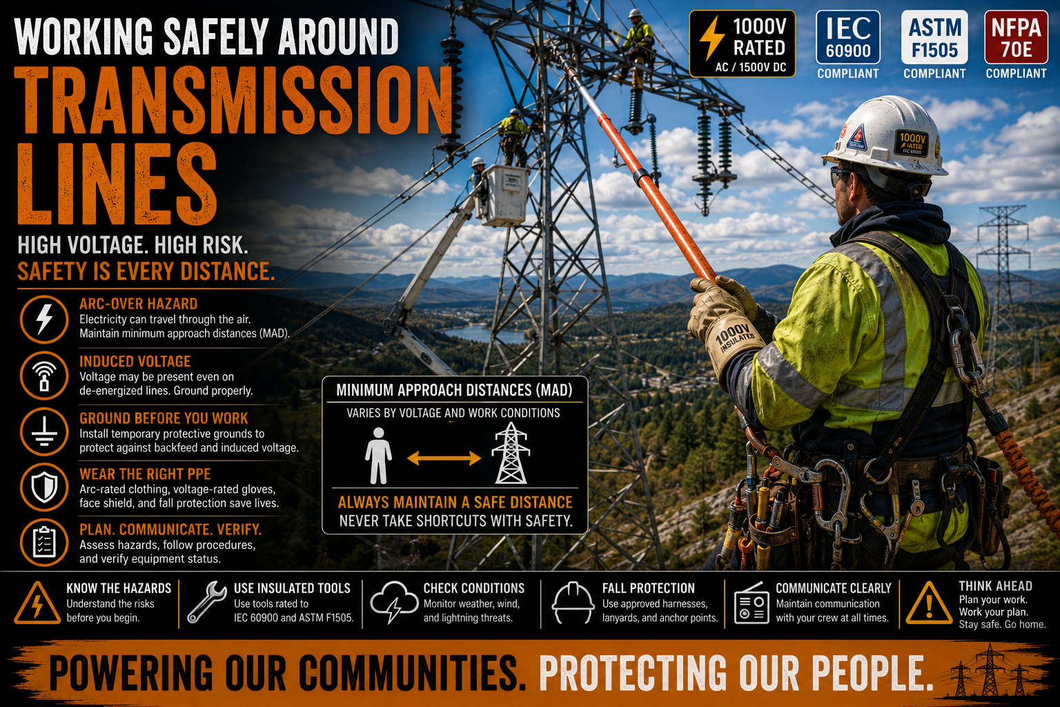 Utility lineworkers performing maintenance near high-voltage transmission lines while wearing arc-rated PPE and using insulated tools in accordance with minimum approach distance requirements.