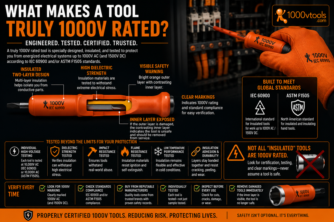 Cross-section of an orange IEC 60900 insulated screwdriver showing dual-layer insulation, certification markings, and testing features for 1000V electrical safety