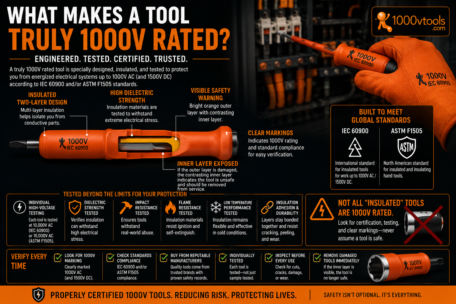 Cross-section of an orange IEC 60900 insulated screwdriver showing dual-layer insulation, certification markings, and testing features for 1000V electrical safety