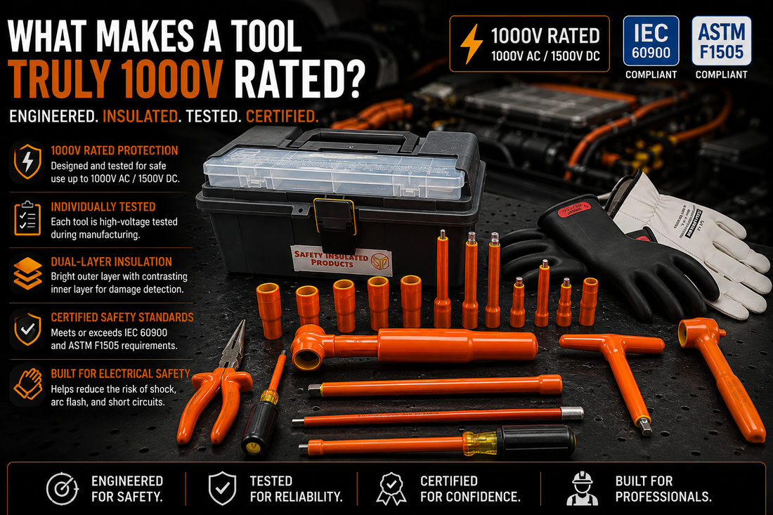 Certified 1000V insulated hand tools displaying IEC 60900 and ASTM F1505 markings with dual-layer insulation and voltage rating labels.