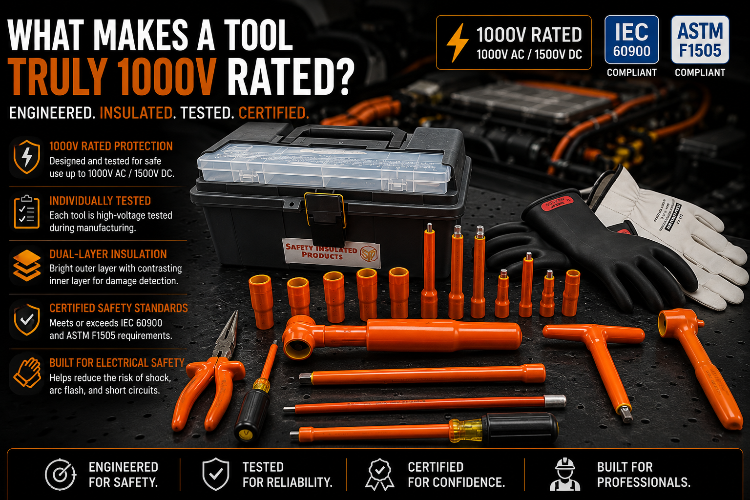 Certified 1000V insulated hand tools displaying IEC 60900 and ASTM F1505 markings with dual-layer insulation and voltage rating labels.
