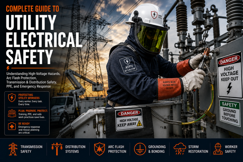 Utility line worker wearing arc-rated PPE and voltage-rated gloves performing high-voltage maintenance near transmission and distribution equipment