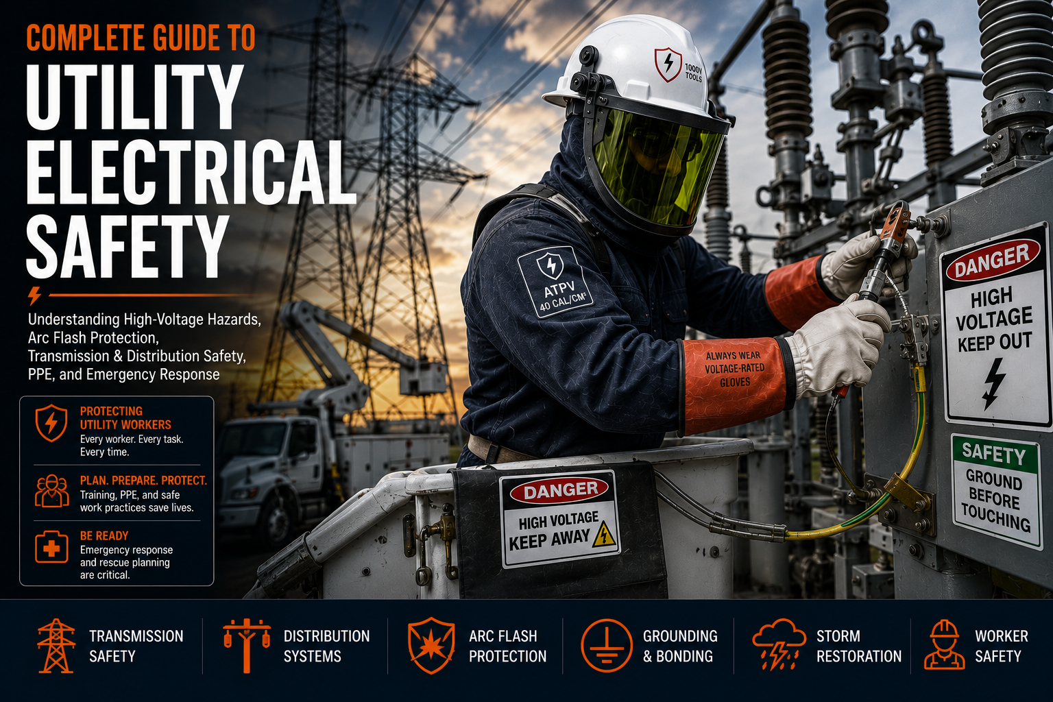 Utility line worker wearing arc-rated PPE and voltage-rated gloves performing high-voltage maintenance near transmission and distribution equipment