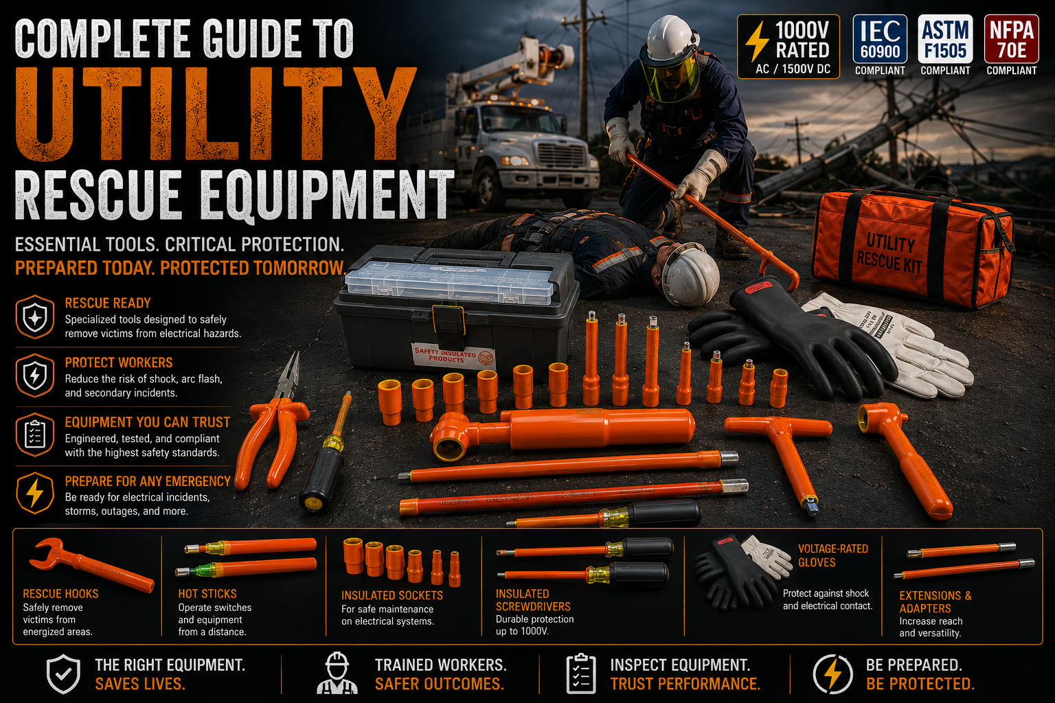 Utility rescue equipment including rescue hooks, hot sticks, voltage detectors, insulated tools, grounding equipment, and arc flash PPE used during electrical emergency response operations.