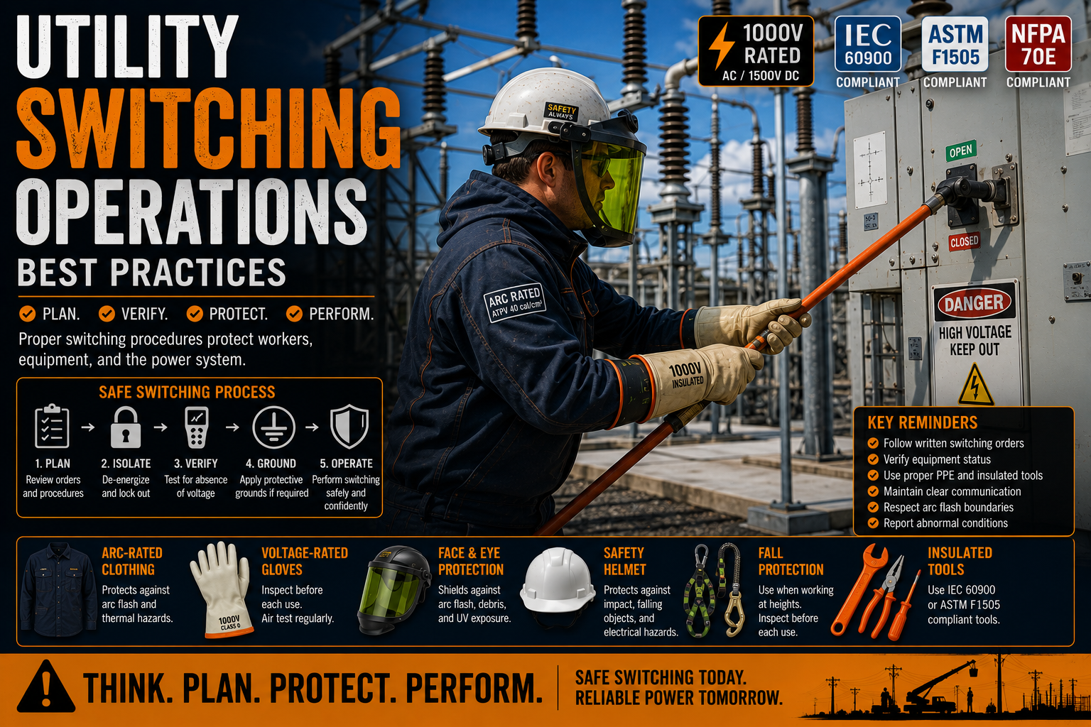 Utility worker performing a high-voltage switching operation at a substation while wearing arc-rated PPE and using voltage-rated insulated tools to operate electrical equipment safely.