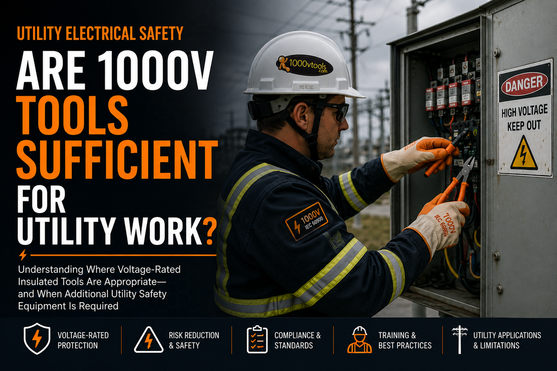 Utility worker performing electrical maintenance using orange IEC 60900 insulated hand tools while wearing voltage-rated PPE near utility equipment
