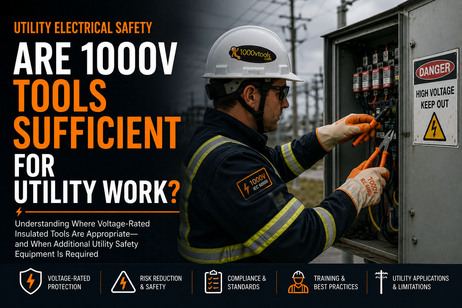 Utility worker performing electrical maintenance using orange IEC 60900 insulated hand tools while wearing voltage-rated PPE near utility equipment