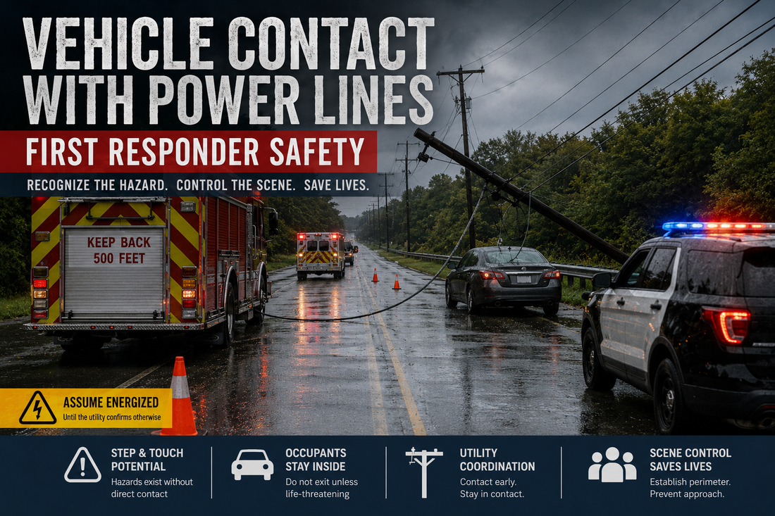 Vehicle beneath downed power lines on a wet roadway as fire and police crews maintain a safe perimeter, highlighting electrical hazards, occupant safety, and utility coordination.