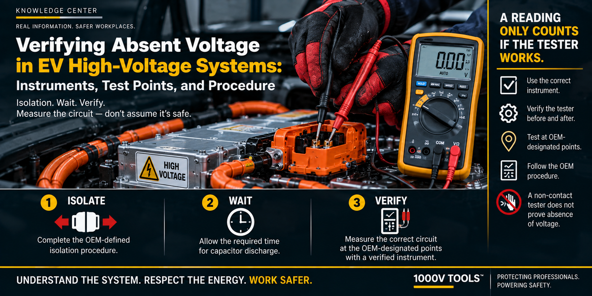EV technician using a digital multimeter to verify absence of voltage at high-voltage components, illustrating the isolate, wait, and verify process for safe EV service.