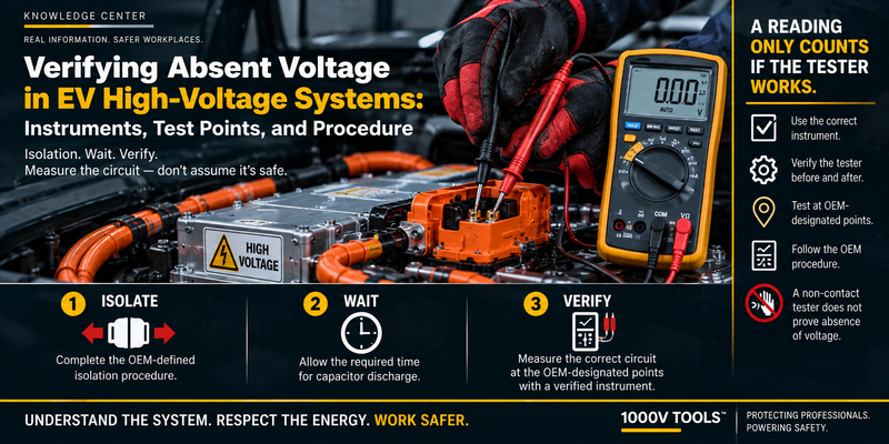 EV technician using a digital multimeter to verify absence of voltage at high-voltage components, illustrating the isolate, wait, and verify process for safe EV service.