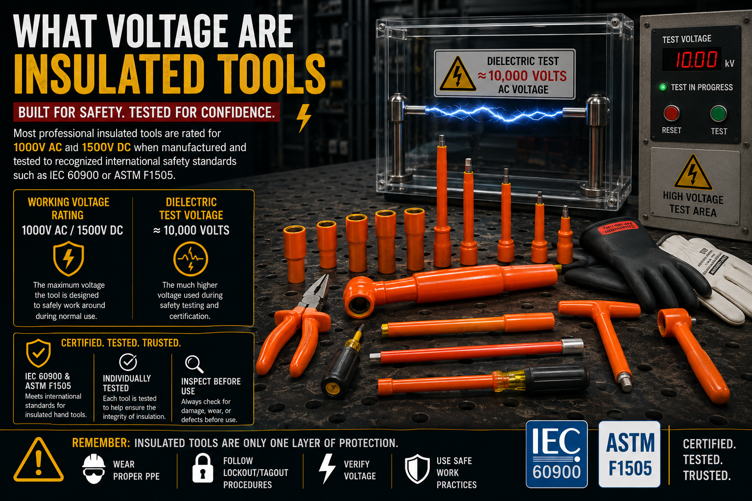 Technician using certified 1000V insulated tools that have undergone high-voltage dielectric testing in accordance with IEC 60900 standards.