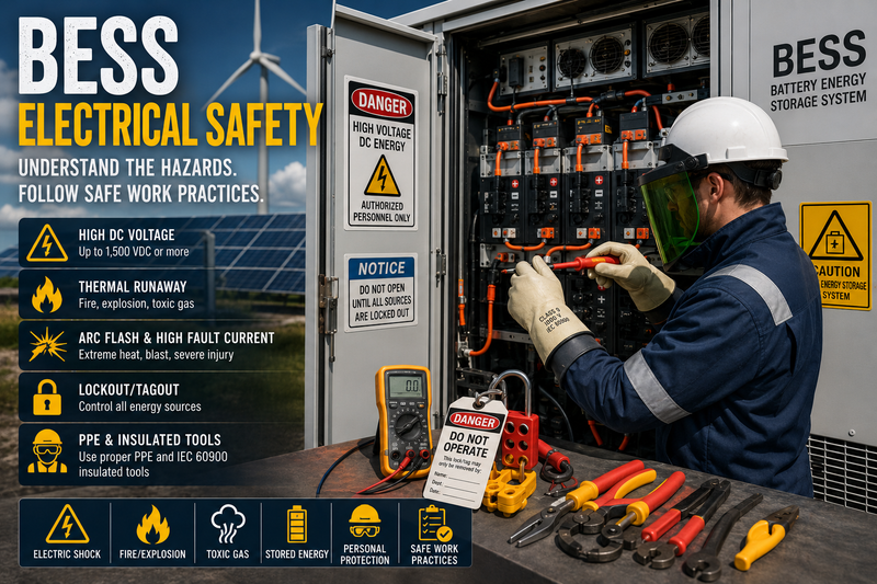 Technician servicing a battery energy storage system (BESS) using insulated tools and electrical PPE.