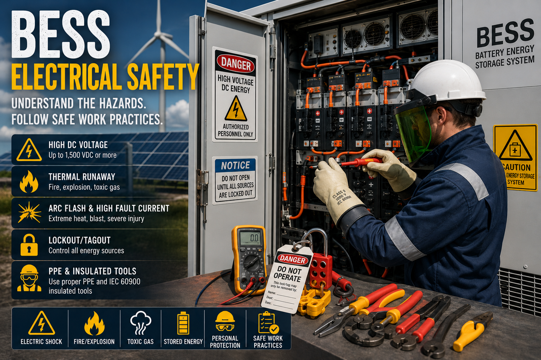 Technician servicing a battery energy storage system (BESS) using insulated tools and electrical PPE.