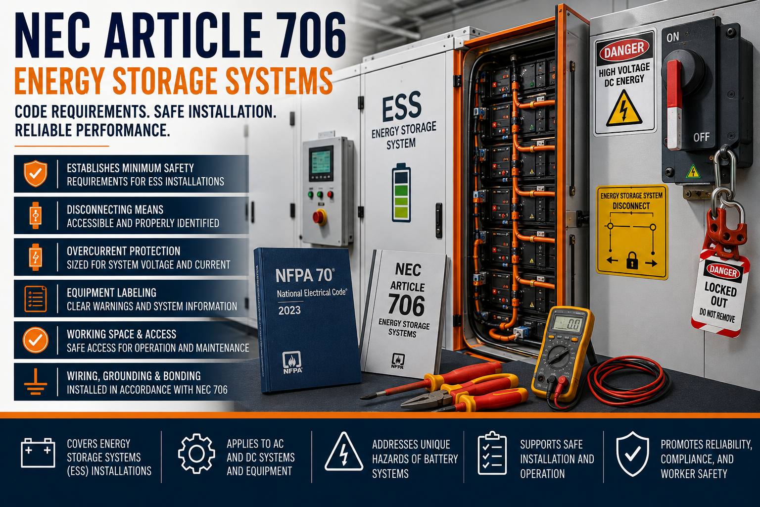 Battery energy storage system (ESS) installation illustrating NEC Article 706 electrical safety requirements.