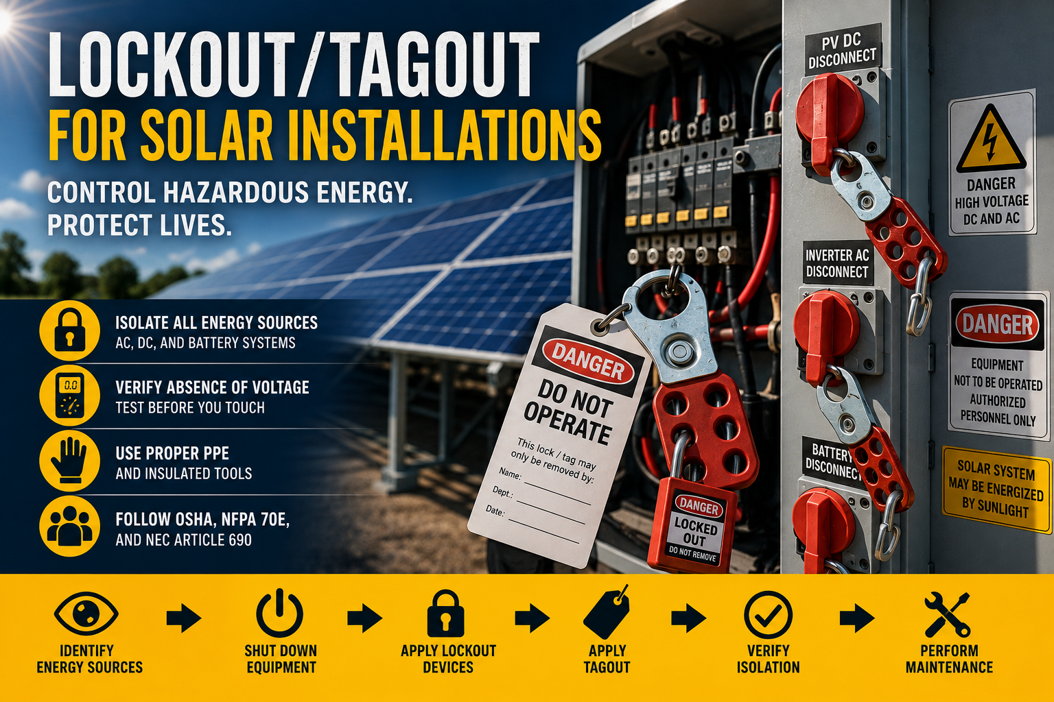 Technician applying lockout/tagout devices to solar PV electrical disconnects before maintenance.