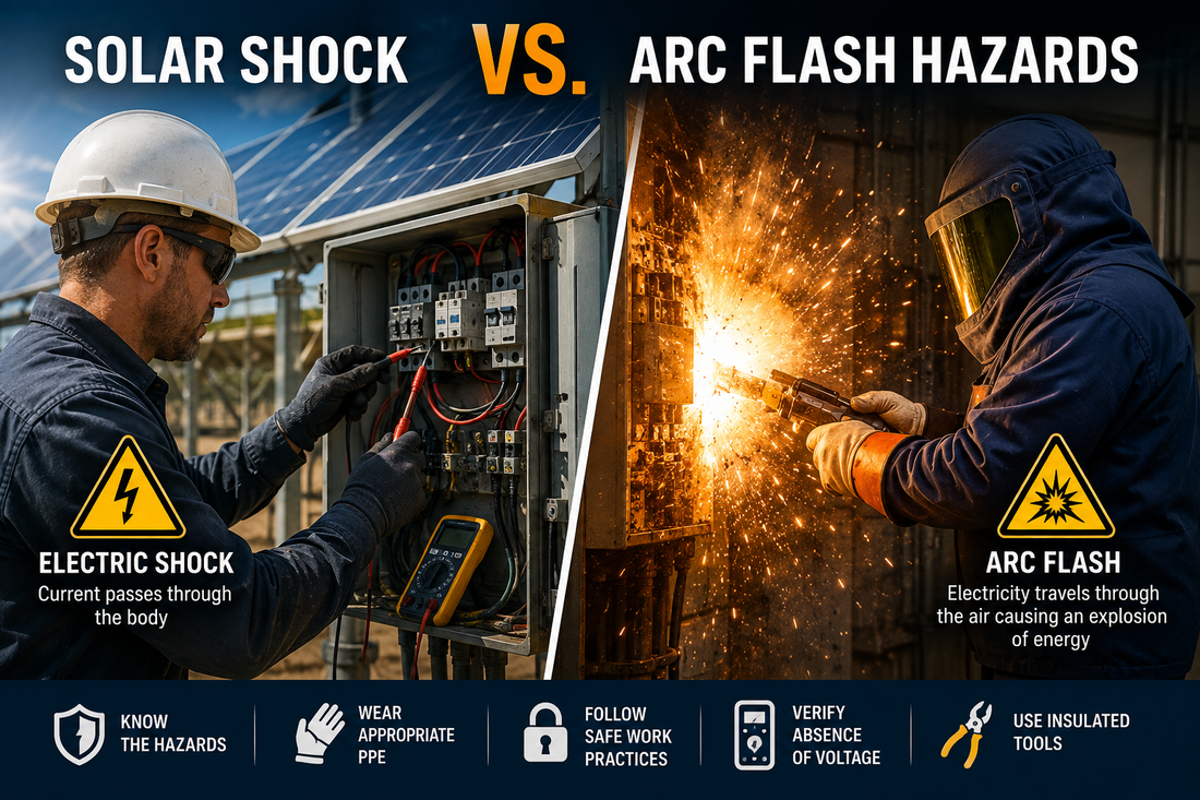 Technician working on an energized solar PV electrical panel compared with an arc flash event, illustrating the differences between solar electric shock hazards and arc flash hazards, including PPE, safe work practices, and insulated tool use.