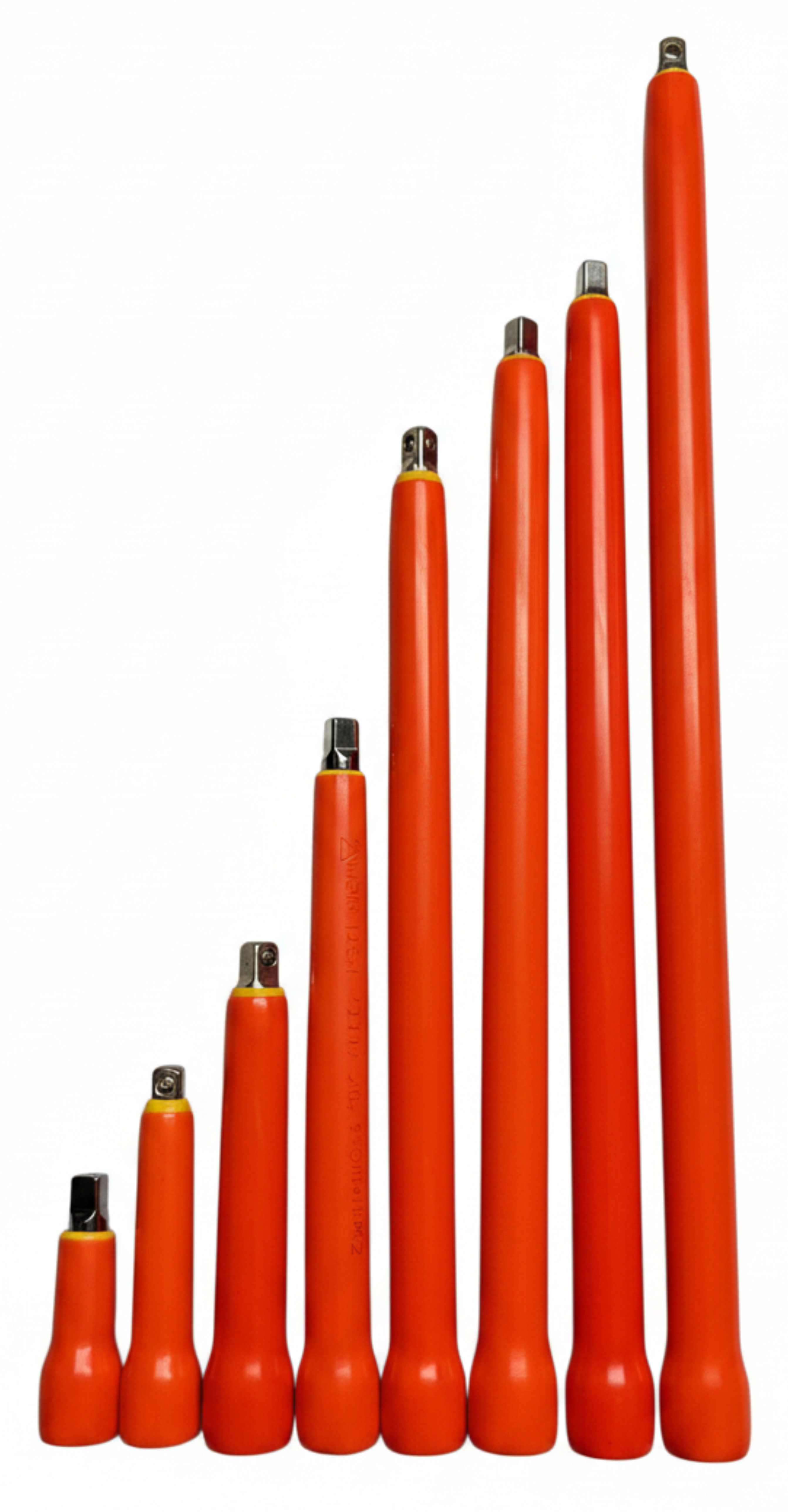 A set of nine orange-red insulated electrical pole pieces of varying heights, arranged in ascending order from left to right, on a plain white background.