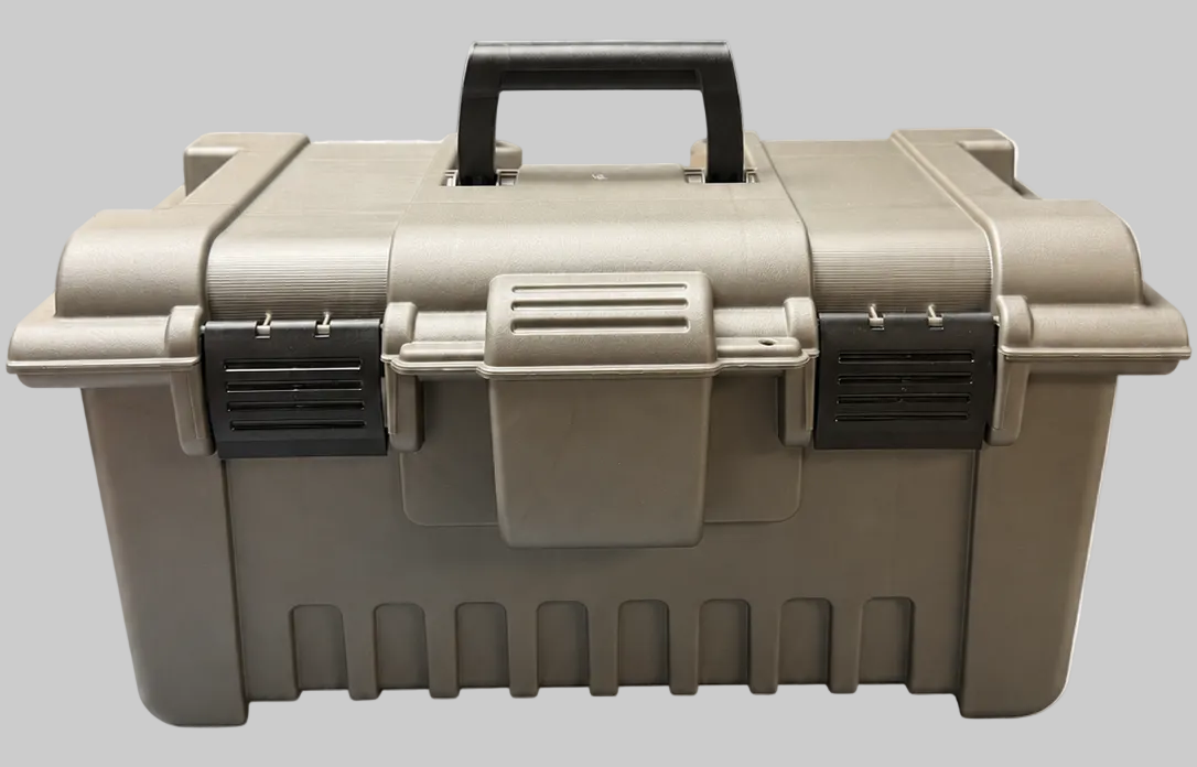 A gray plastic toolbox with a black handle and black latches, shown against a white and gray checkered background.