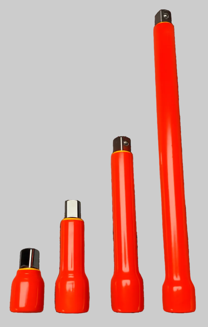 Four red cylindrical tool attachments of varying lengths with black and silver metal tips, arranged by size on a plain white background.