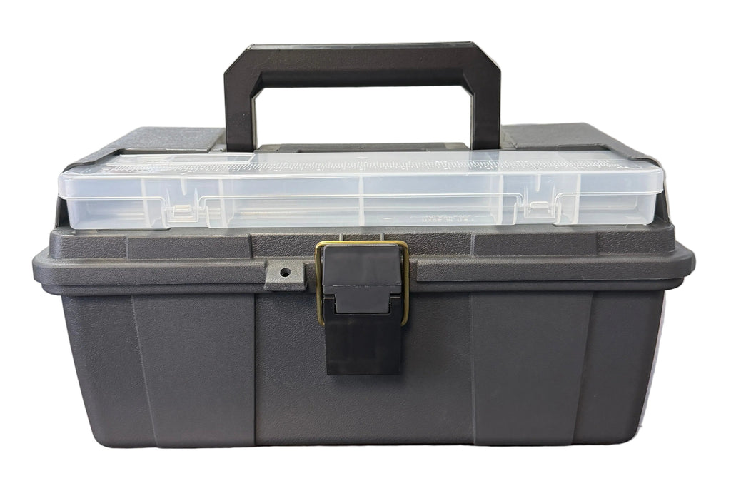 A gray plastic storage toolbox with a black handle and clear front organizer compartments, shown resting on a dark wood desk in an office setting.