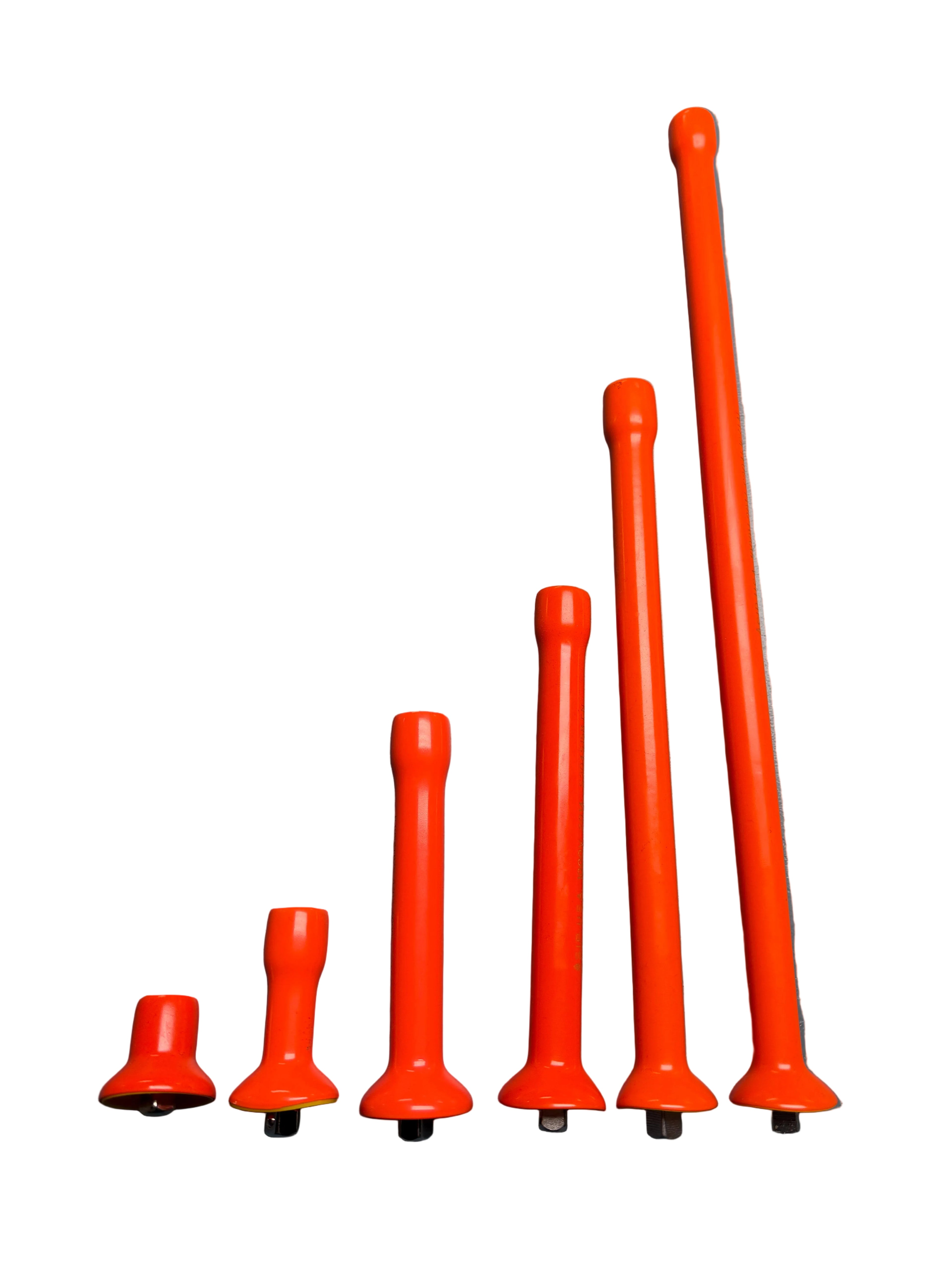 Six bright orange antenna whip pieces of varying heights arranged in ascending size order on a dark gray textured surface.