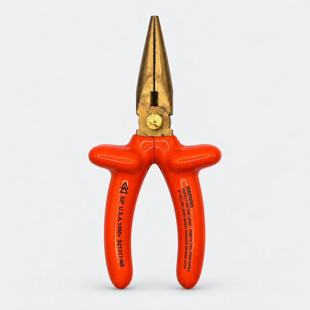 S21317-NS  1000v Insulated Non-Spark Non-Magnetic 7" Long Needle Nose Pliers with Side Cutter